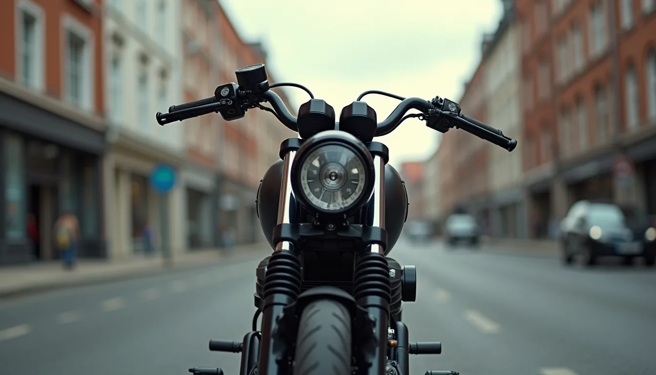 Eye-level view of a custom motorcycle with sleek design