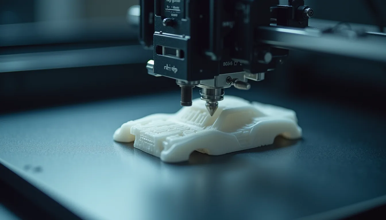Close-up view of a 3D printer creating automotive parts