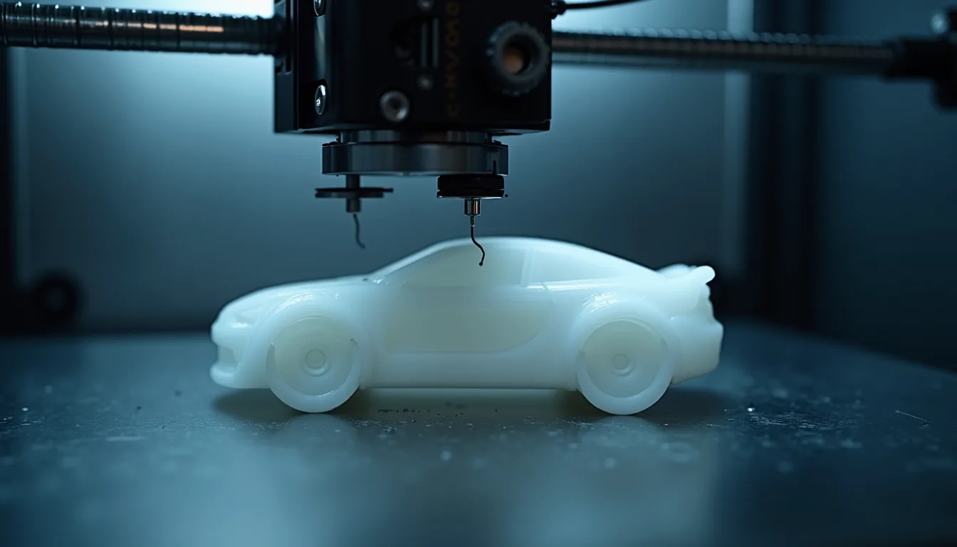 Eye-level view of a 3D printer working on a car part